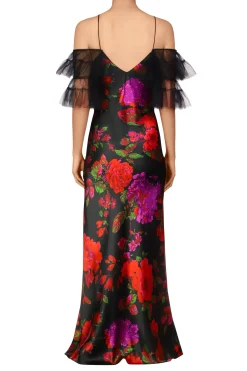 Floral Printed Silk Bias Slip Gown With Ruffle Sleeves And Silk Flower