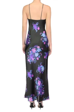 Floral Printed Silk Satin Bias Halter Dress With Ruched Bust And Silk Flower Detail
