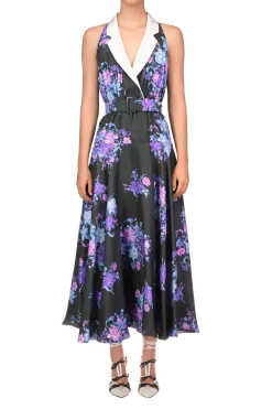 Floral Printed Silk Twill Collared Halter Dress With Belt Detail