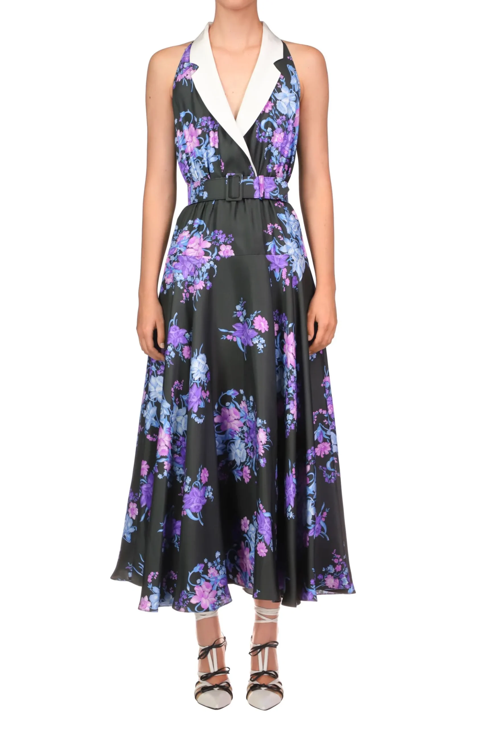 Floral Printed Silk Twill Collared Halter Dress With Belt Detail