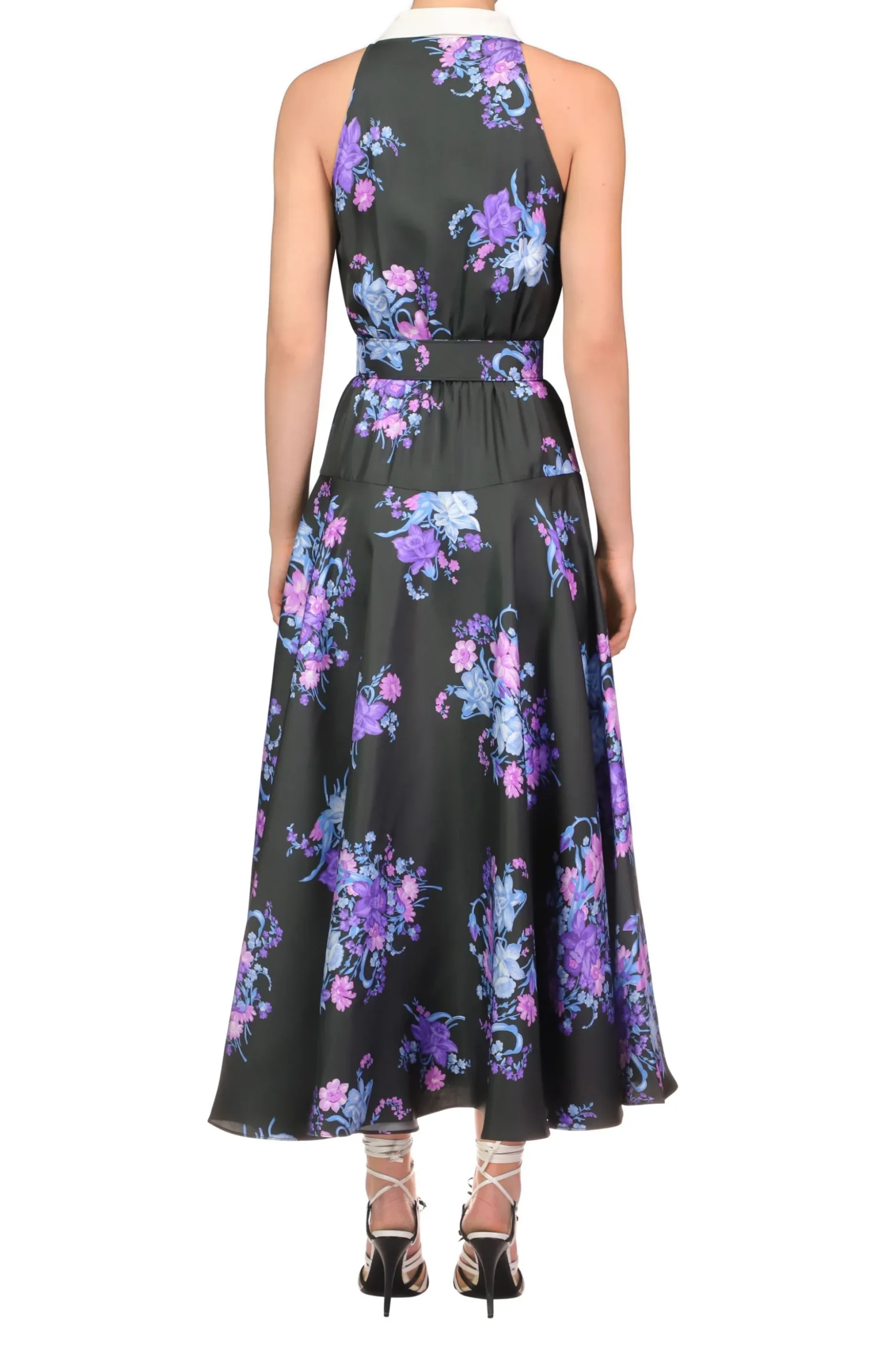 Floral Printed Silk Twill Collared Halter Dress With Belt Detail