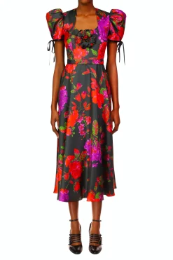 Floral Printed Twill Dress With Silk Flower