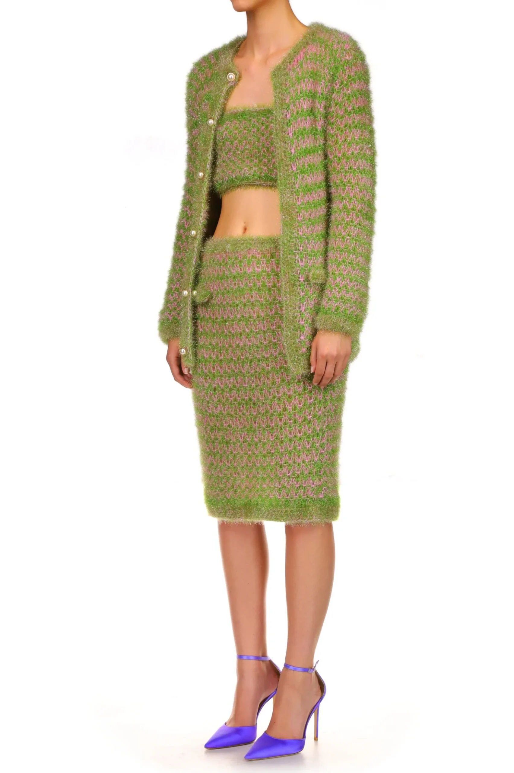 Green And Pink Hand Knit Long Cardigan