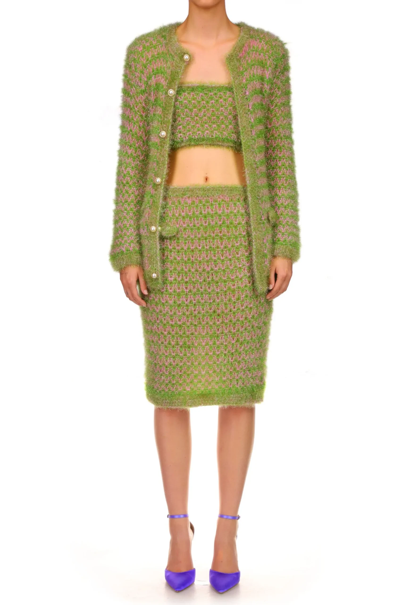 Green And Pink Hand Knit Pencil Skirt