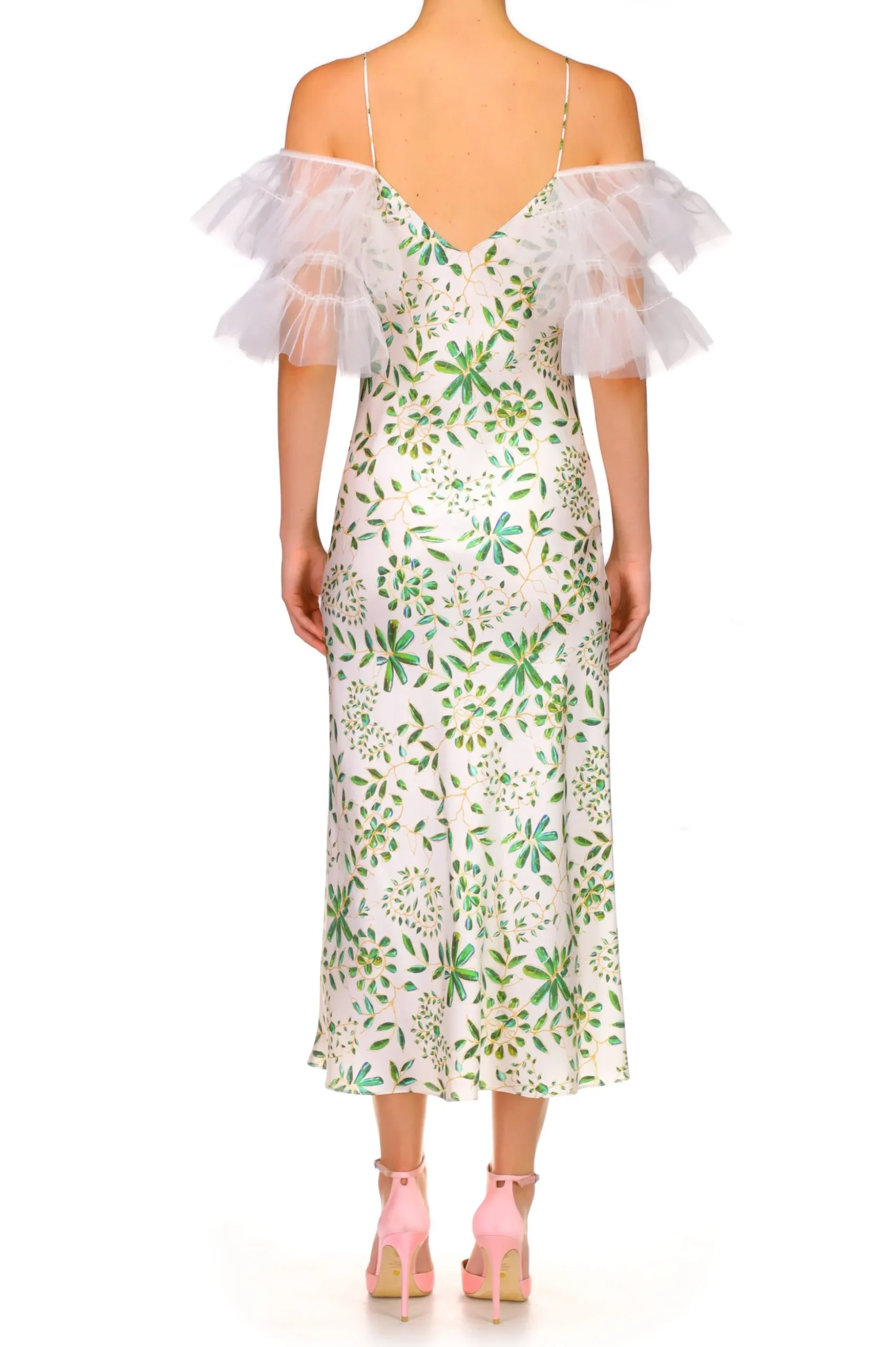 Green And White Printed Silk Bias Slip Dress With Ruffle Sleeves And Silk Flower
