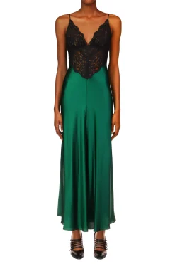 Green Silk Charmeuse Bias Dress With Black Lace