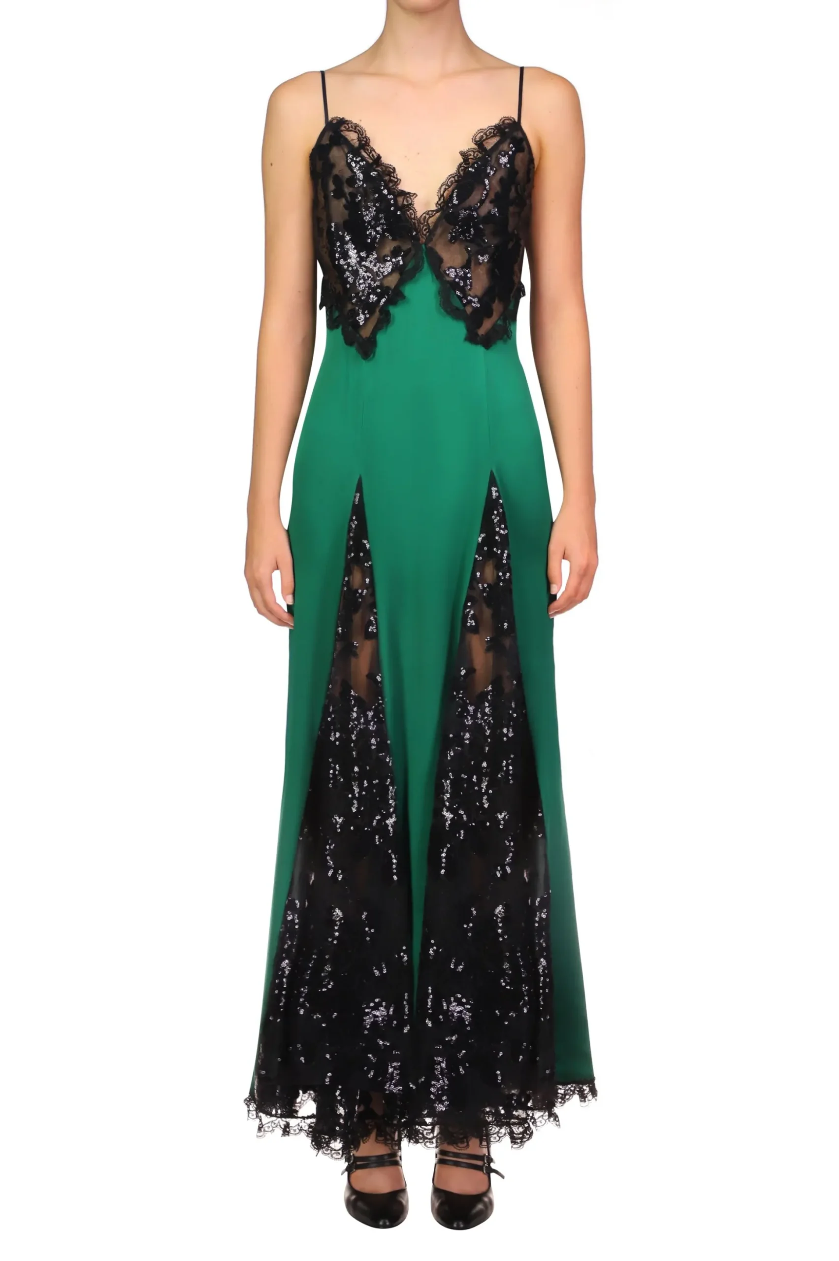 Green Silk Satin And Black Sequin Dress With Godet And Lace Ruffle
