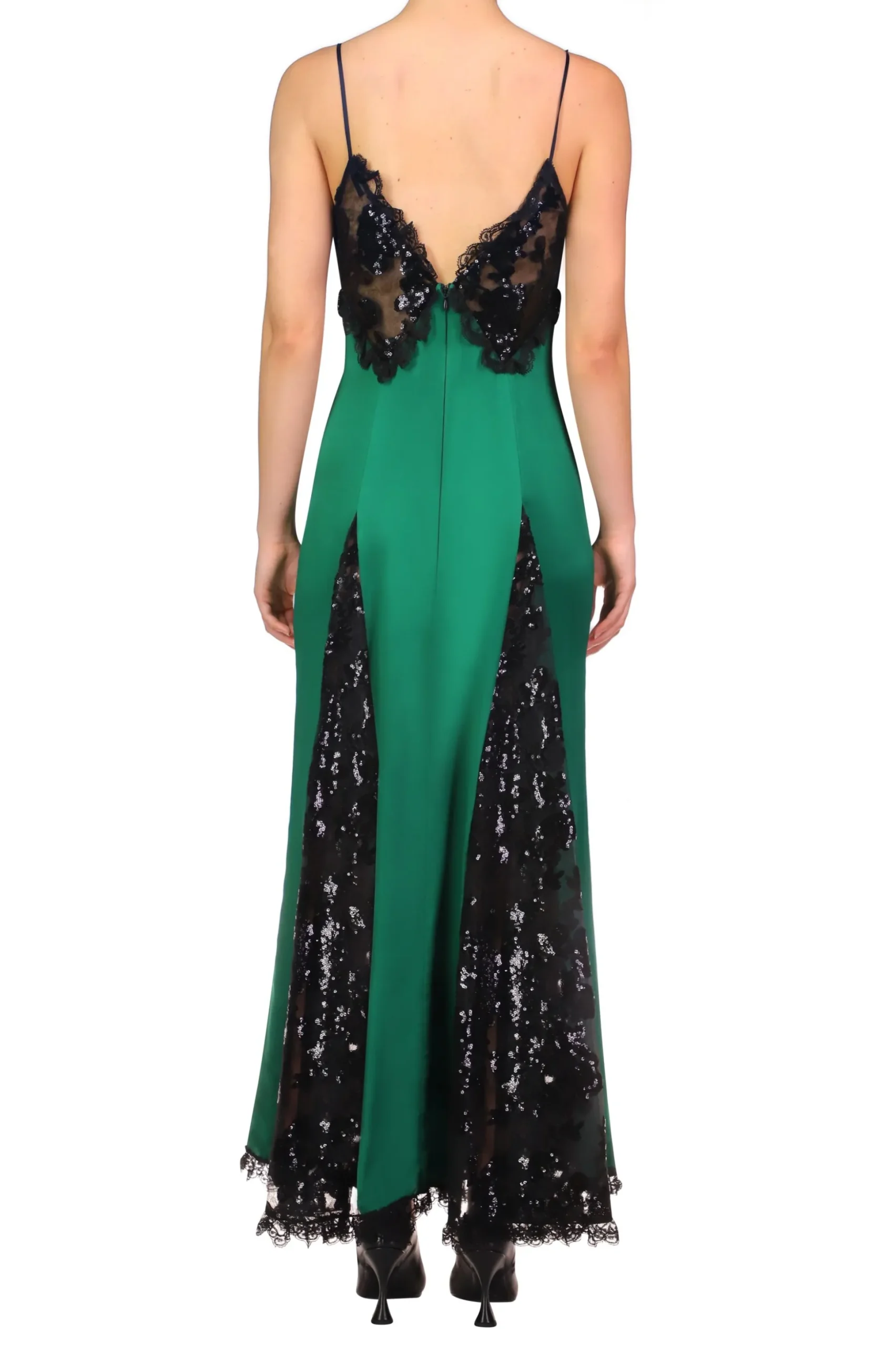 Green Silk Satin And Black Sequin Dress With Godet And Lace Ruffle