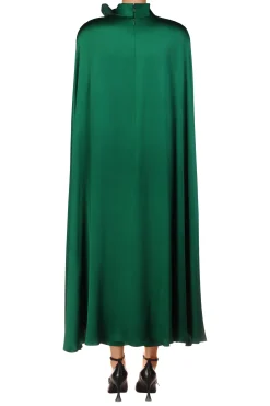 Green Silk Satin Cape Dress With Flower