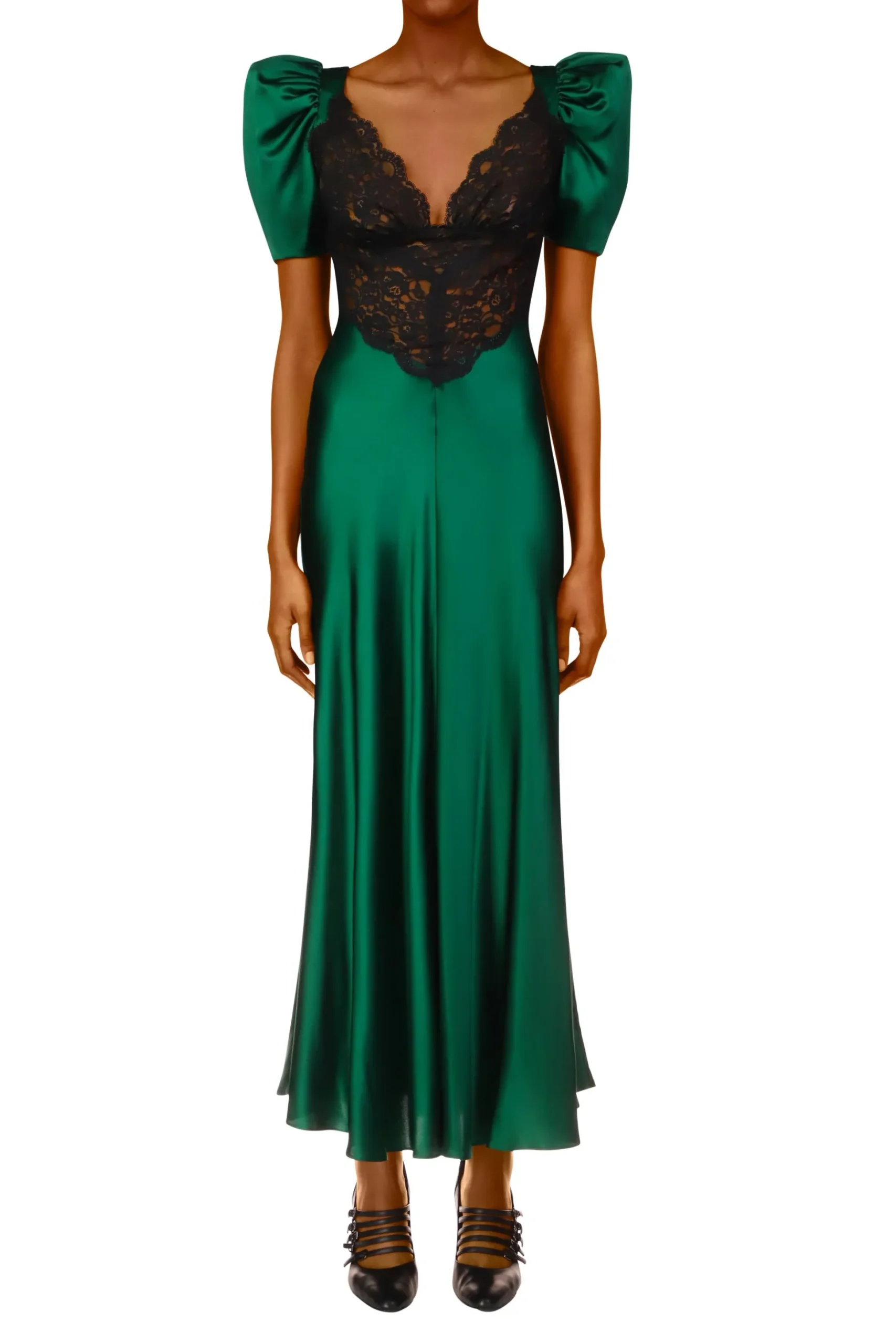 Green Silk Short Sleeve Dress With Black Lace Details