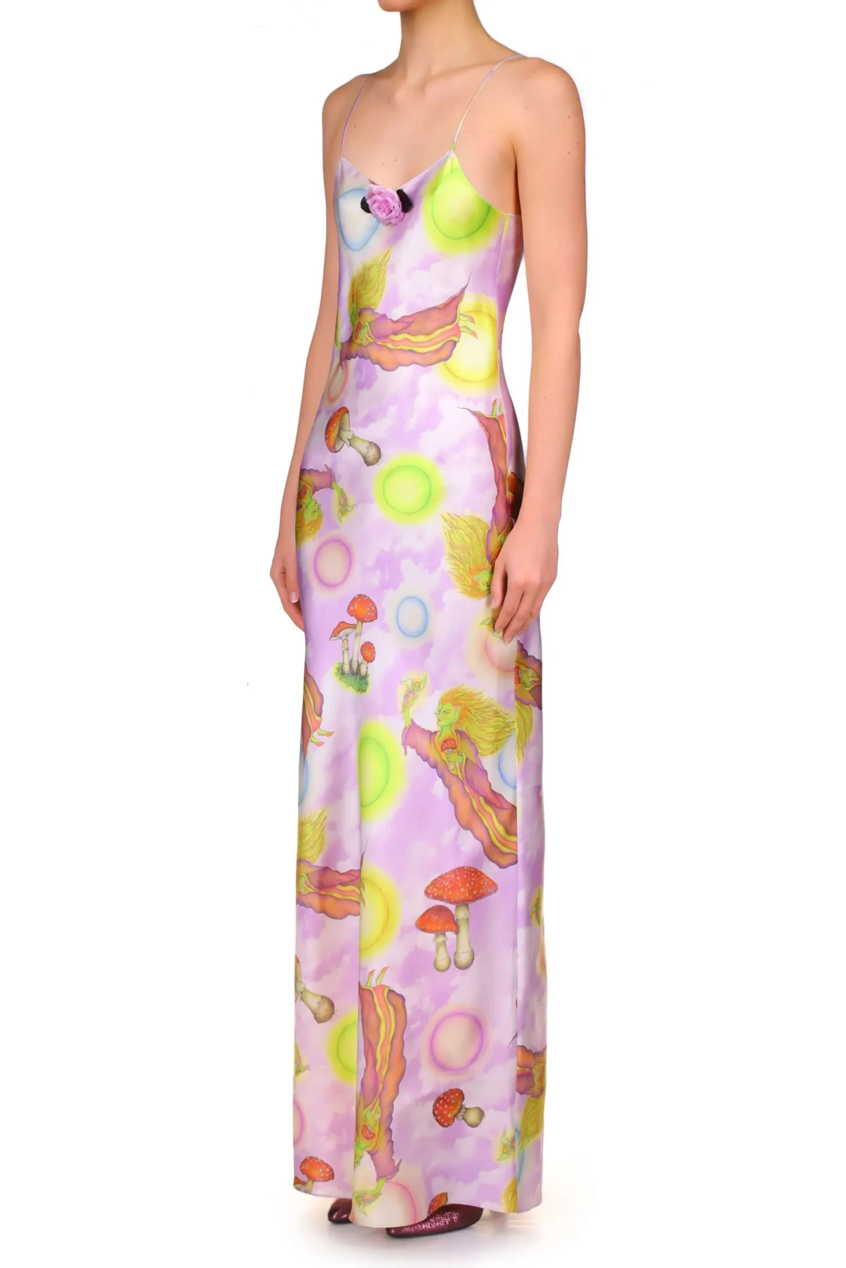 Lavender Cloud And Fairy Printed Silk Satin Bias Slip Dress