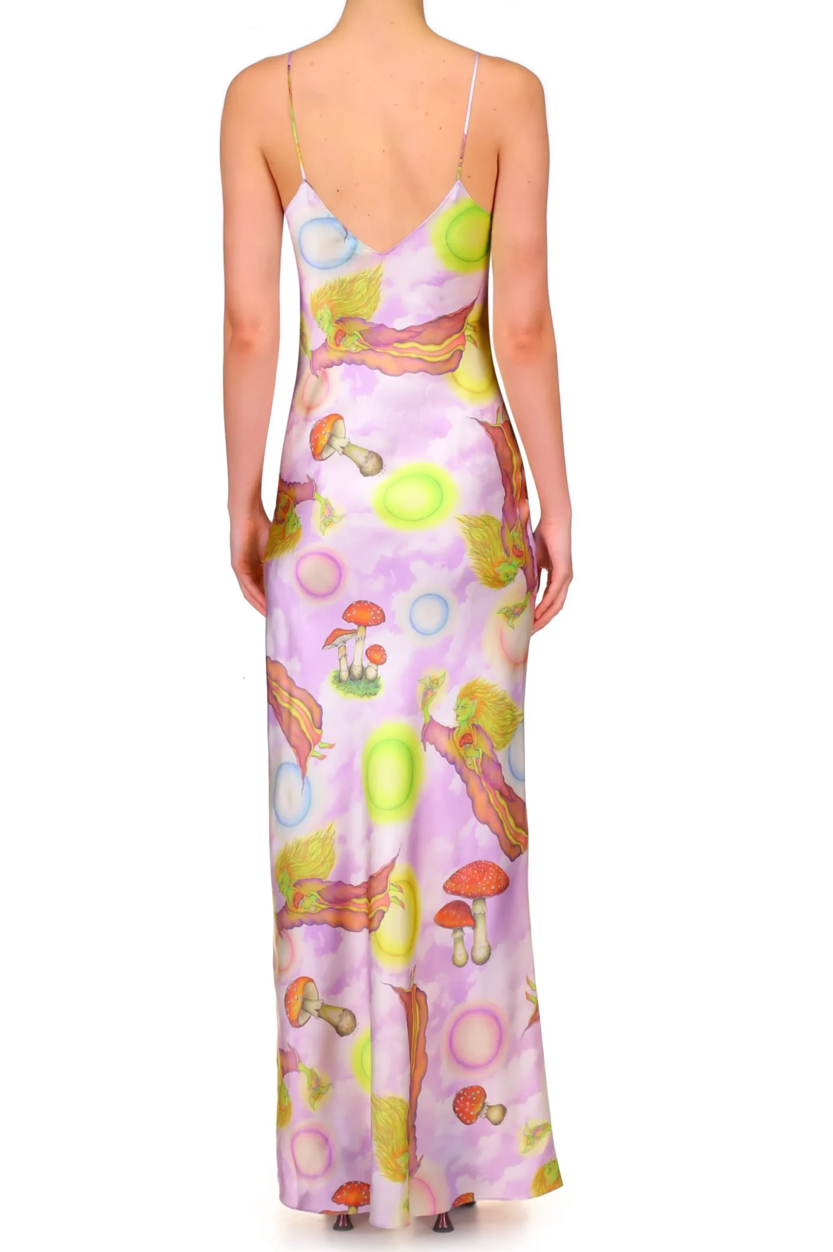 Lavender Cloud And Fairy Printed Silk Satin Bias Slip Dress