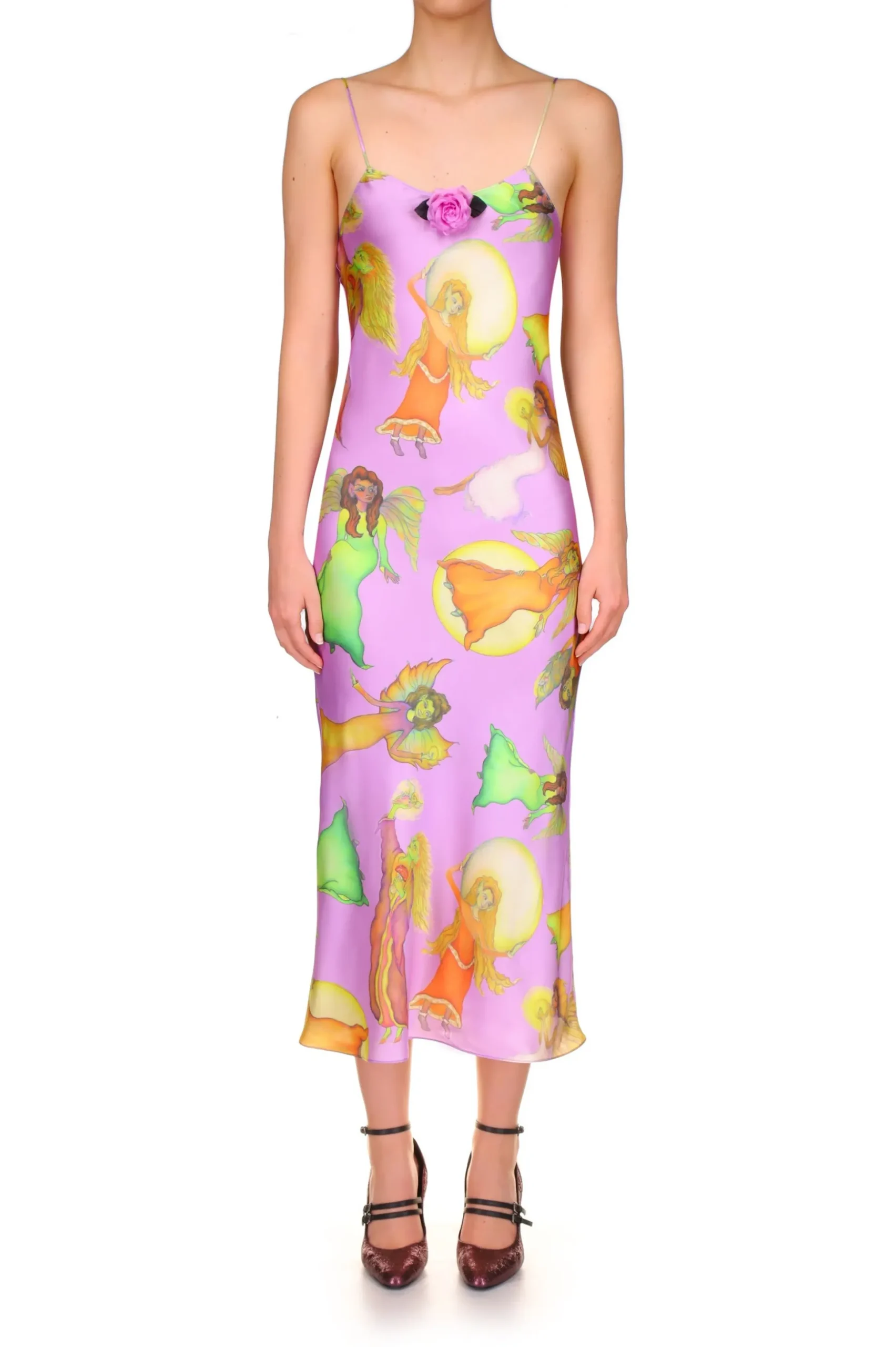 Lavender Fairy Printed Silk Satin Bias Slip Dress