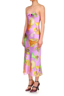 Lavender Fairy Printed Silk Satin Bias Slip Dress