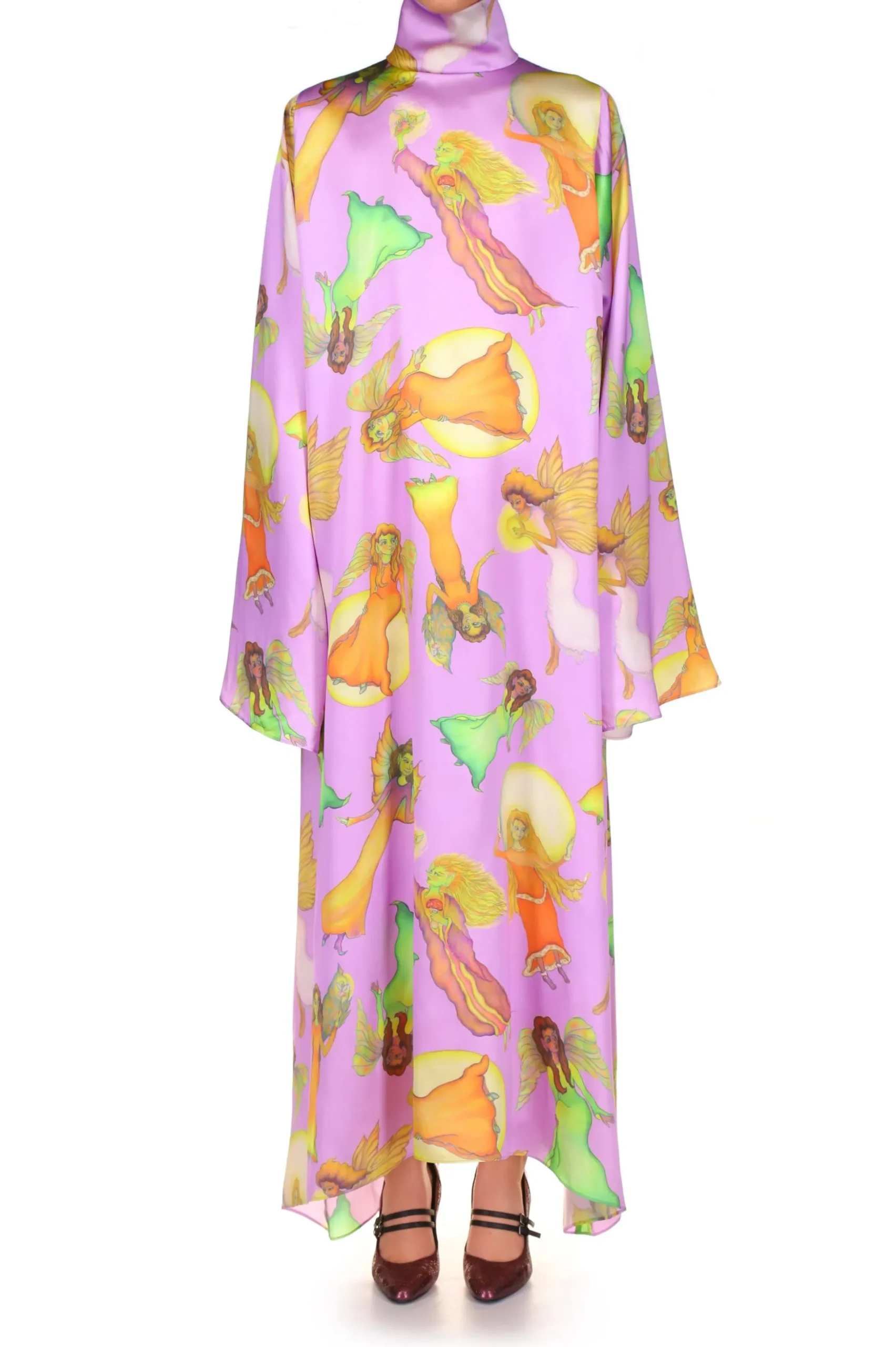 Lavender Fairy Printed Silk Satin Tunic Dress