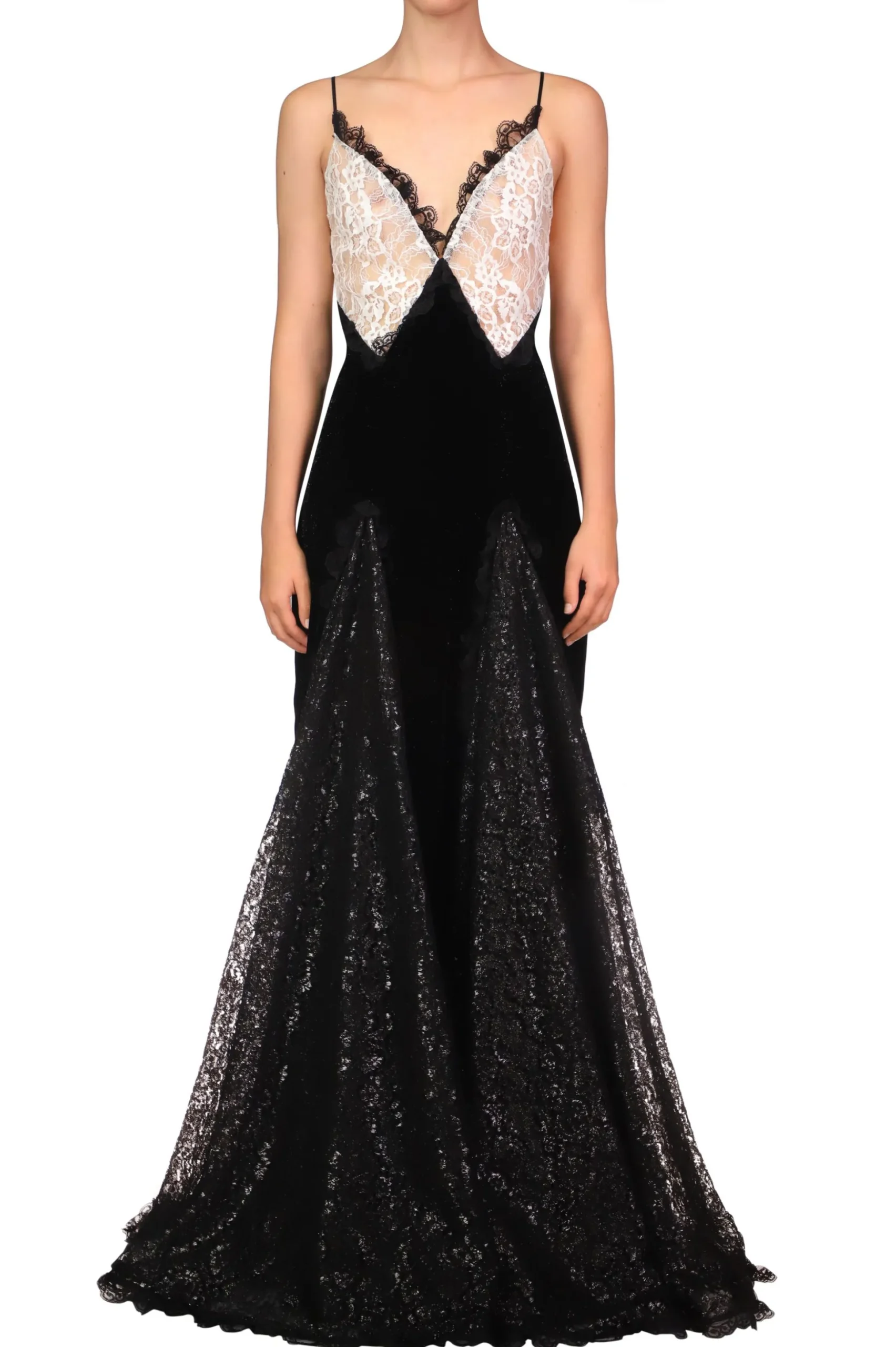Metallic Black And White Lace And Velvet Gown With Lace Godets
