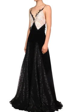 Metallic Black And White Lace And Velvet Gown With Lace Godets