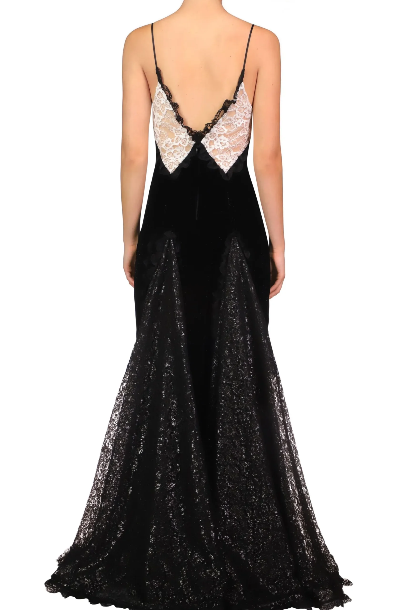 Metallic Black And White Lace And Velvet Gown With Lace Godets