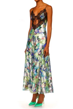 Mint Floral Lurex Jacquard Dress With Black Lace