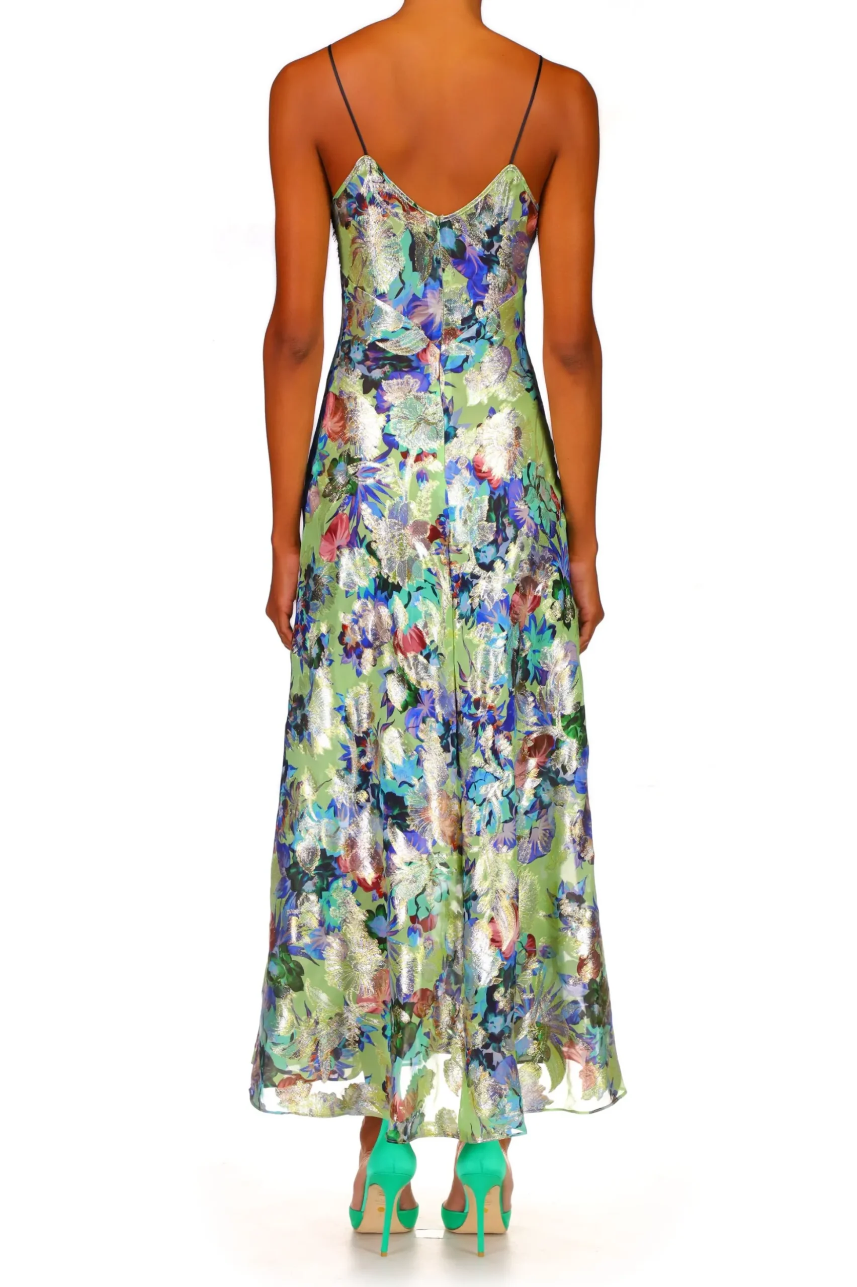 Mint Floral Lurex Jacquard Dress With Black Lace