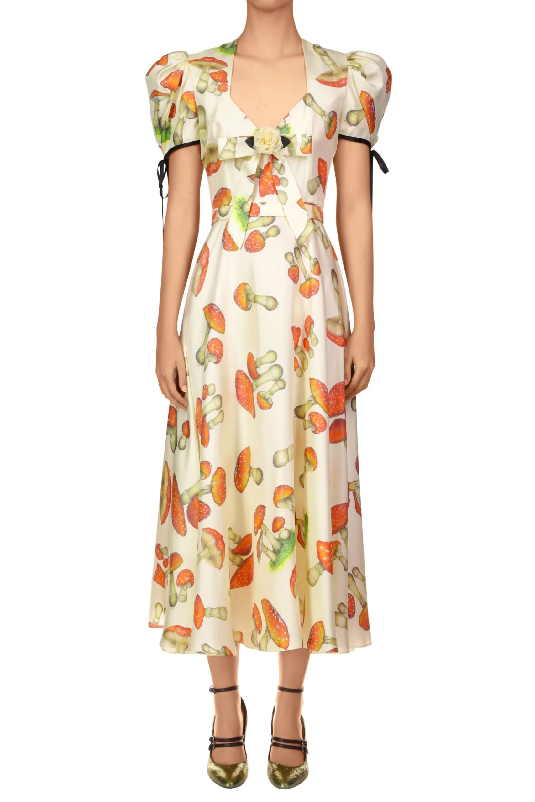 Mushroom Printed Twill Dress With Silk Flower