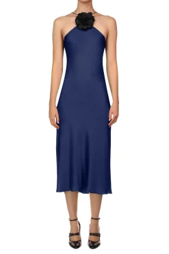 Navy Silk Satin Halter Dress With Flower