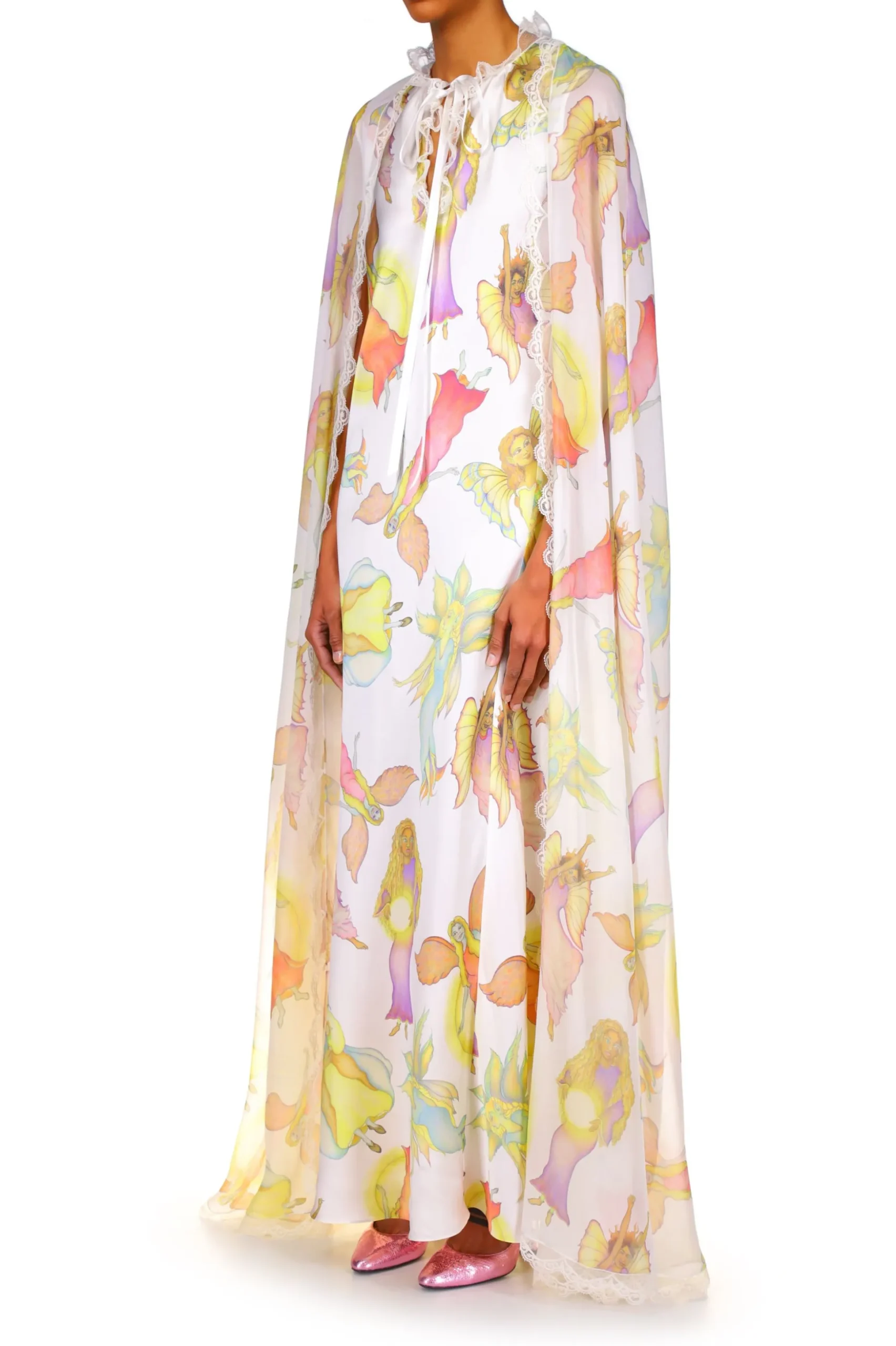 Off White Fairy Printed Silk Chiffon And Charmeuse Cape Dress