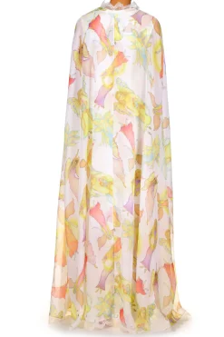 Off White Fairy Printed Silk Chiffon And Charmeuse Cape Dress