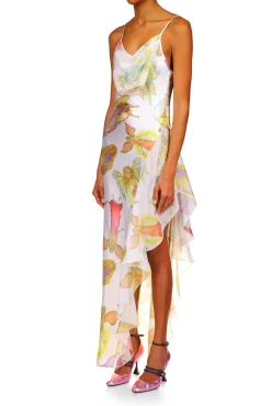 Off White Fairy Printed Silk Chiffon And Satin Asymetrical Cowl Neck Gown