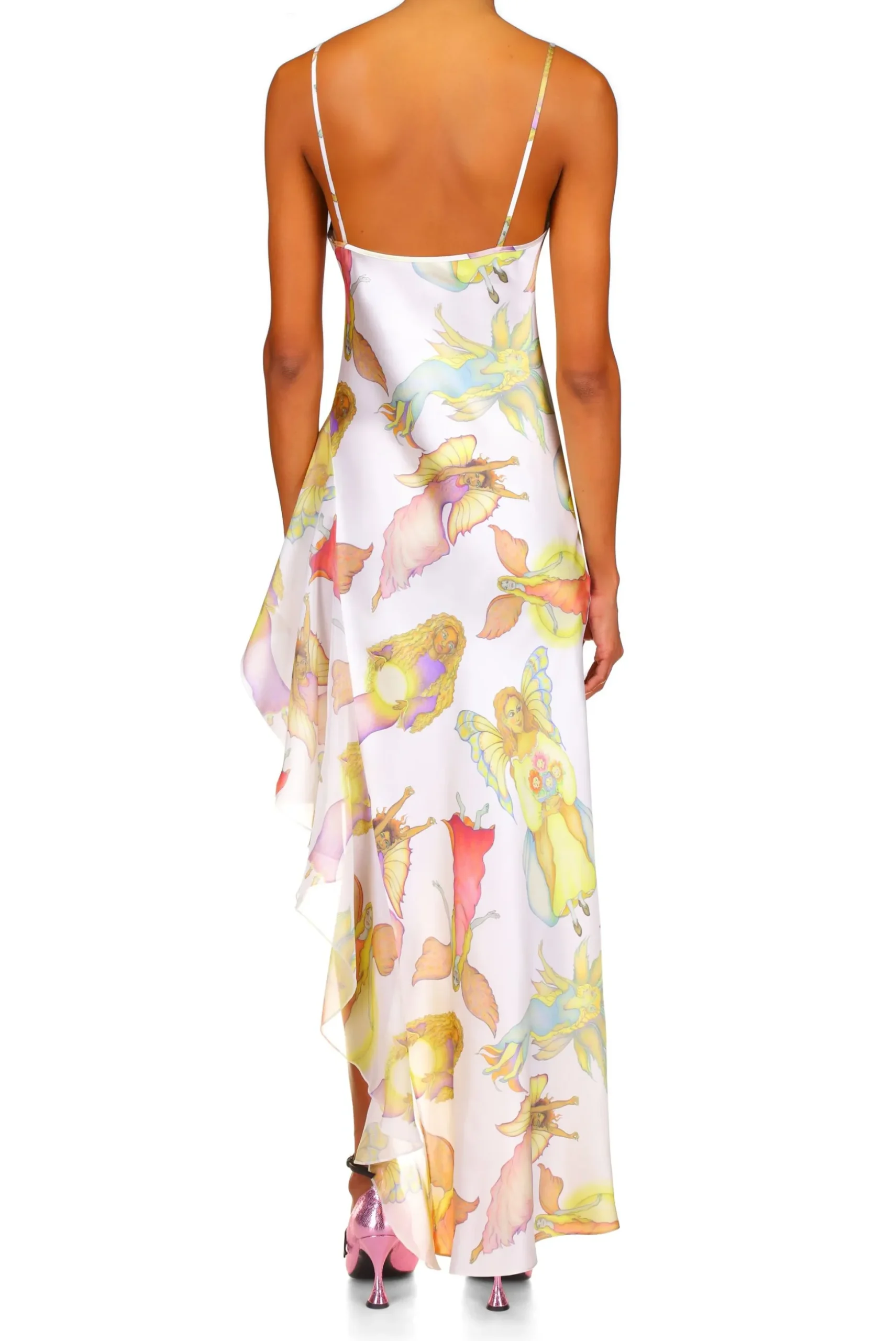 Off White Fairy Printed Silk Chiffon And Satin Asymetrical Cowl Neck Gown