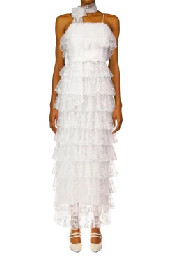 Off White Floral Tulle Tiered Ruffle Dress