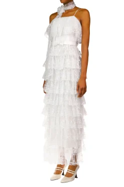 Off White Floral Tulle Tiered Ruffle Dress