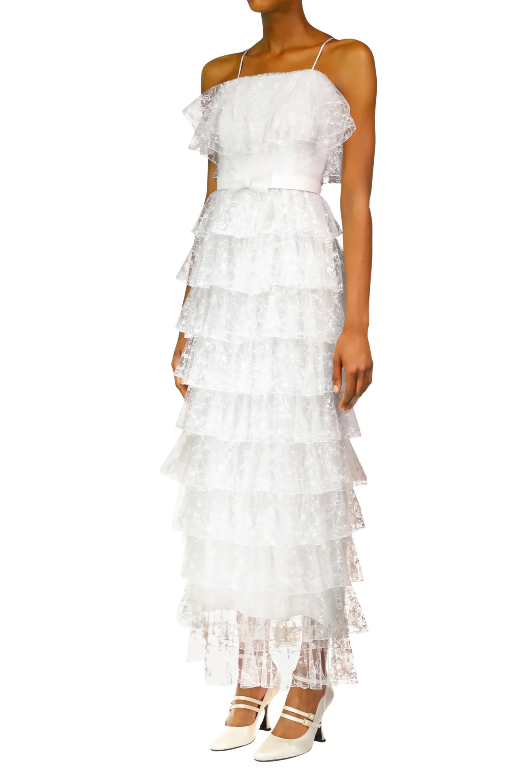 Off White Floral Tulle Tiered Ruffle Dress