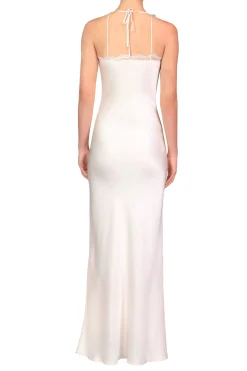 Off White Silk Bias Dress With Lace, Ruffle And Silk Flower Details