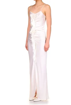 Off White Silk Ruched Gown With Ruffle Detail And Silk Roses