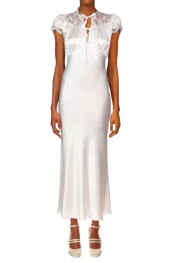 Off White Silk Satin Bias Dress With Lace And Ruffle Details