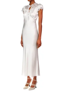 Off White Silk Satin Bias Dress With Lace And Ruffle Details