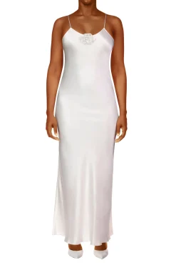 Off White Silk Satin Bias Slip Gown With Silk Flower