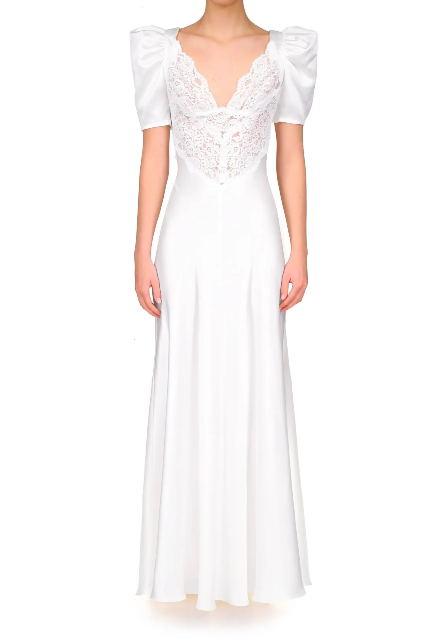 Off White Silk Satin Short Sleeve Gown With Lace Details