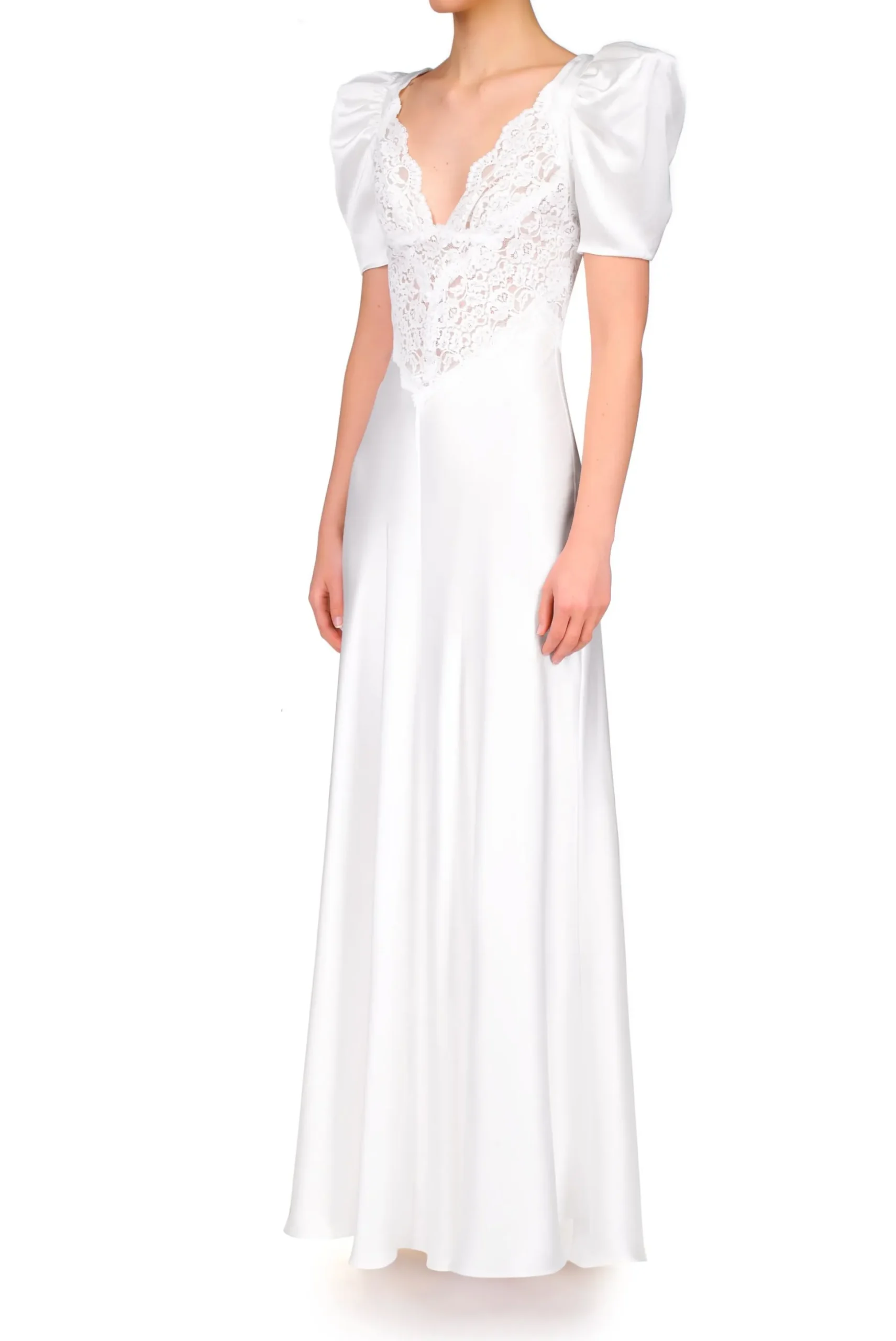 Off White Silk Satin Short Sleeve Gown With Lace Details