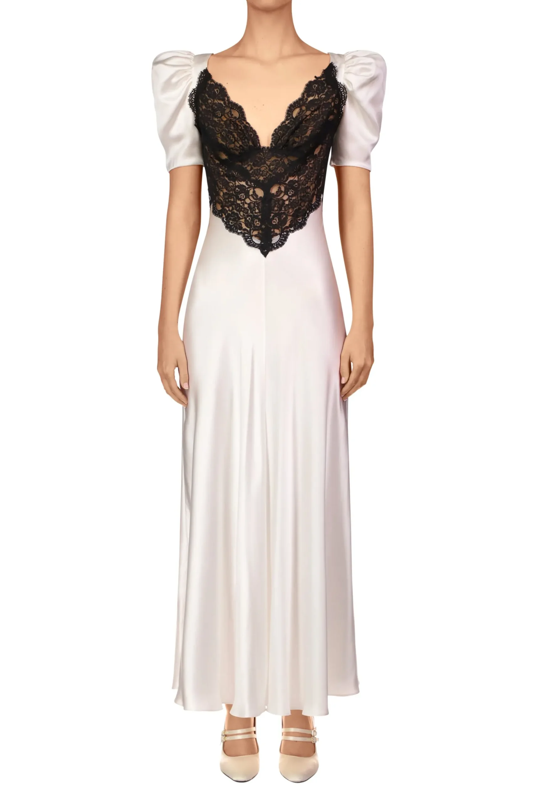 Off White Silk Short Sleeve Dress With Black Lace Details