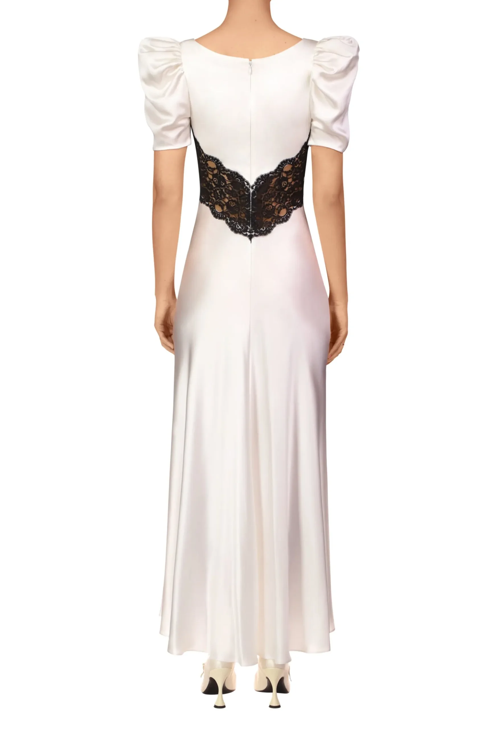 Off White Silk Short Sleeve Dress With Black Lace Details