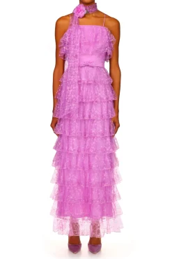 Orchid Purple Floral Tulle Tiered Ruffle Dress
