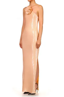 Peach Sequin Halter Gown With Flower Detail