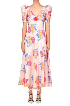 Pink And Blue Rose Printed Short Sleeve Dress With Silk Flower Detail