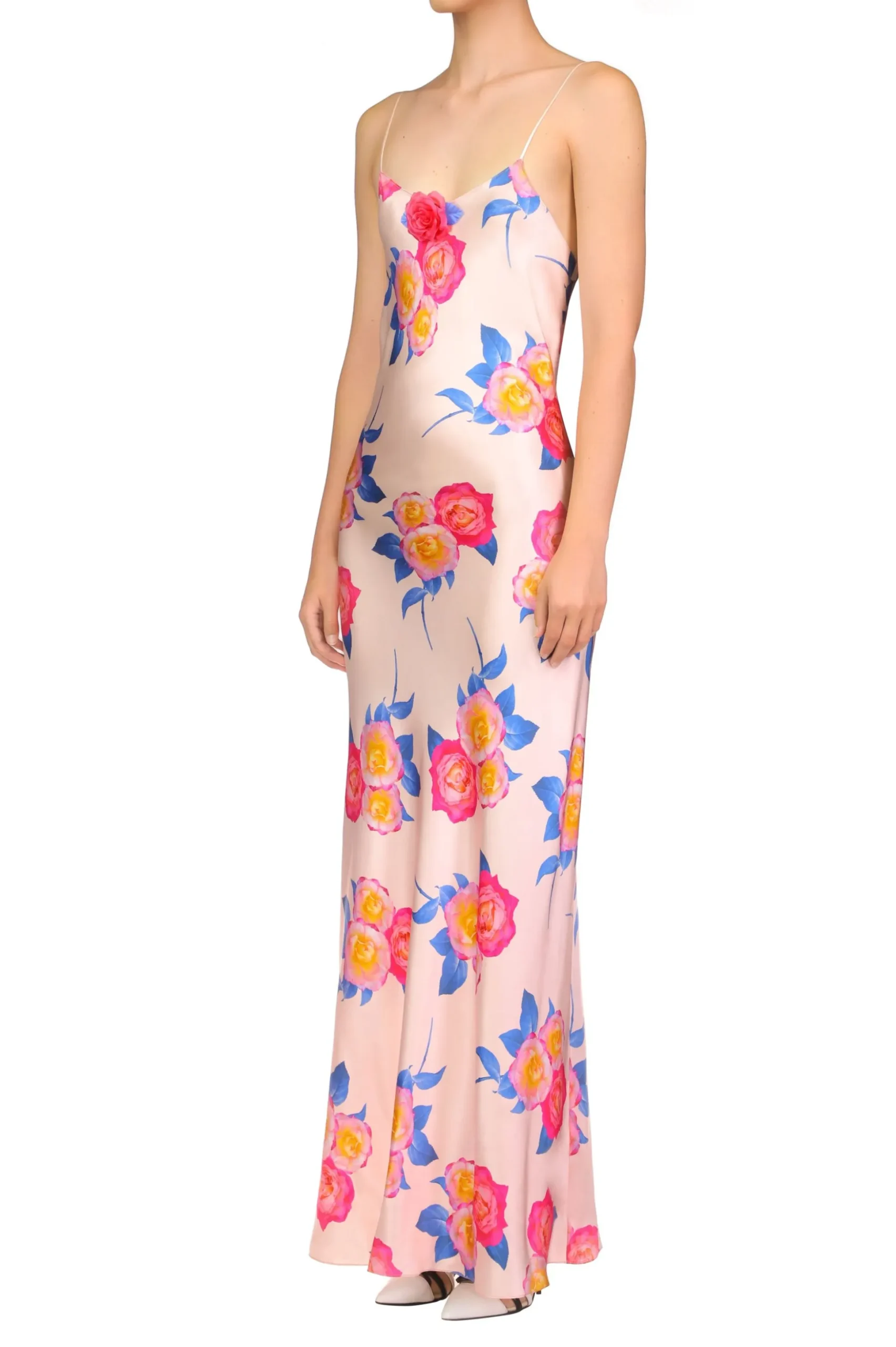 Pink And Blue Rose Printed Silk Bias Long Slip Dress With Silk Flower Detail