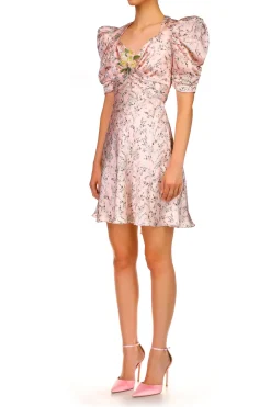 Pink Floral Printed Silk Dress With Silk Flower