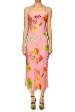 Pink Mushroom Printed Silk Satin Slip Dress