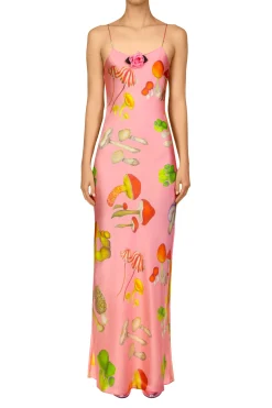 Pink Mushroom Printed Silk Satin Tea Length Slip Dress
