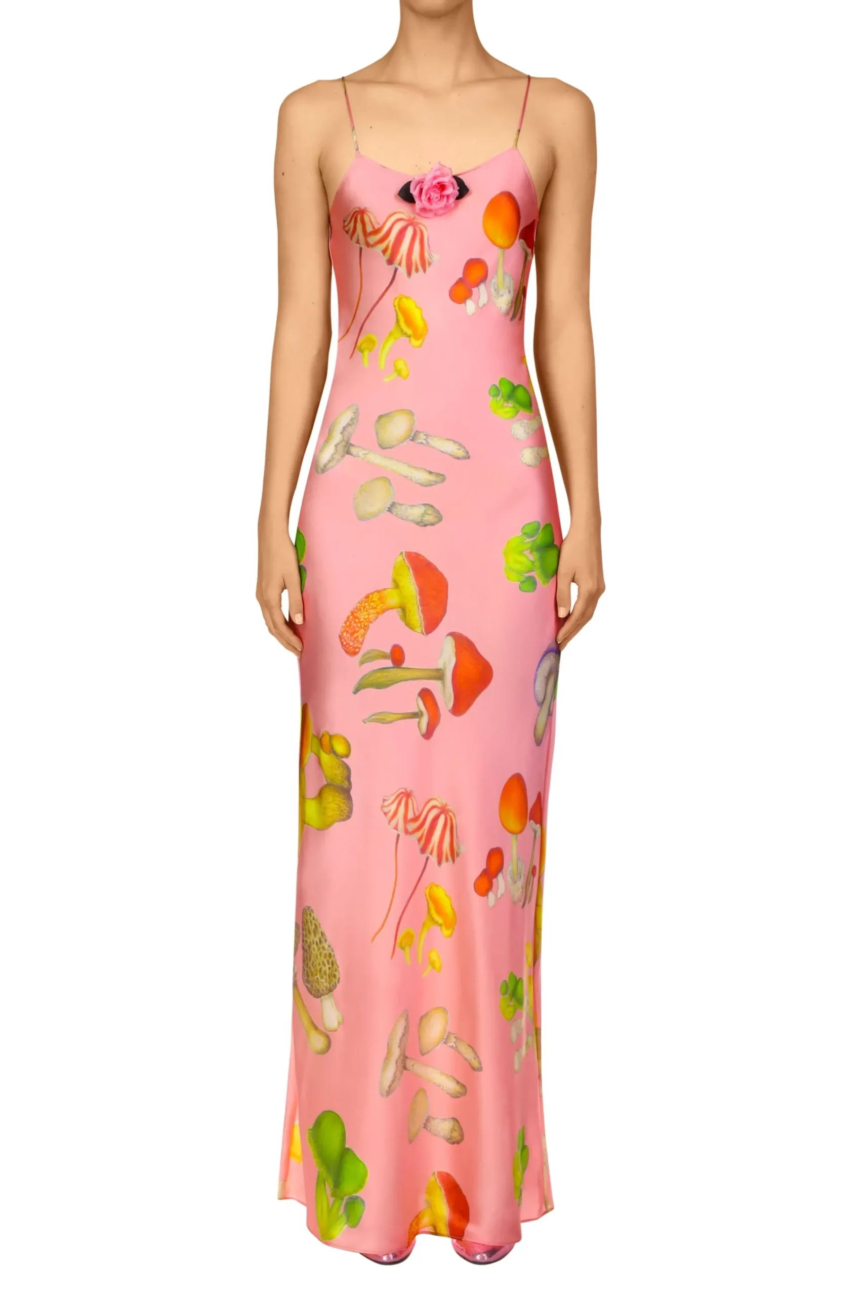 Pink Mushroom Printed Silk Satin Tea Length Slip Dress